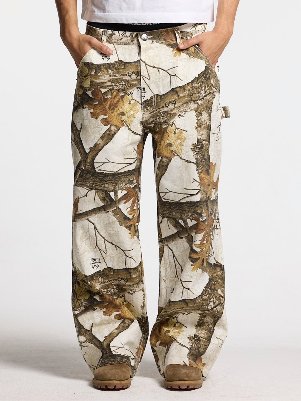 Camo Tree Print Carpenter Pants - White & Brown